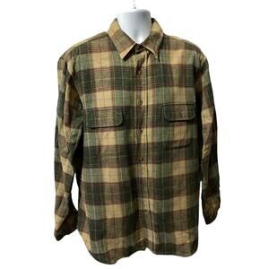 Vintage Brown beige Plaid heavy button up shirt size XL made in Korea